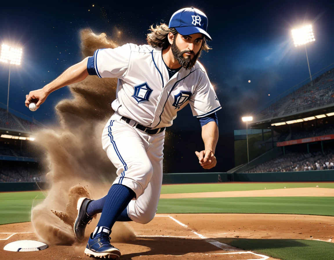 Arafed a sports capture picture of a Rabbi playing baseball, an exquisite beautiful Rabbi, full body, middle aged man, wearing a (Kippa, and Talith: 1.2), having a star of David on his uniform,   dynamic hair, dynamic style, ultra detailed face, concentrated look, determined look, best detailed face, wearing ((Rabbinic clothes: 1.3)), standing ready in a baseball match, baseball stadium nackground, full body (best details, Masterpiece, best quality), ultra wide shot, photorealistic, vibrant, Ultra-high resolution, High Contrast, (masterpiece:1.5), highest quality, Best aesthetics), best details, best quality, highres, ultra wide angle, 16k, [ultra detailed], masterpiece, best quality, (extremely detailed),