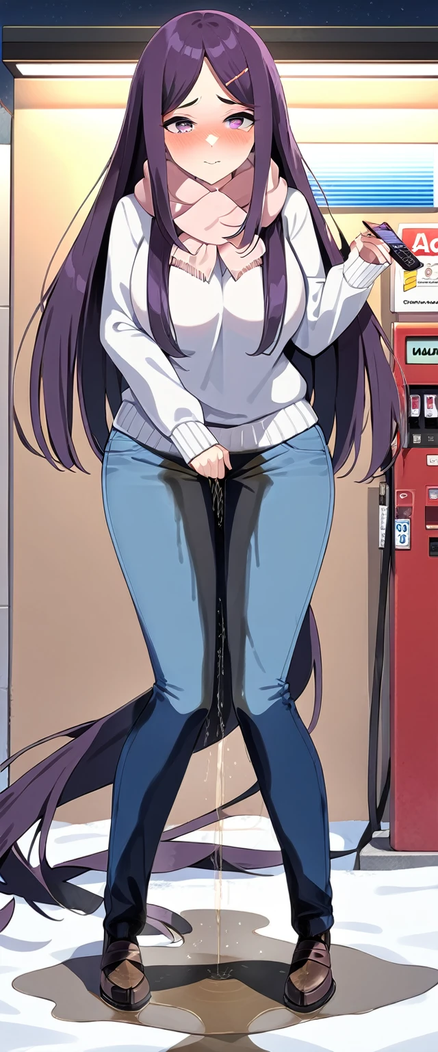 (masterpiece:1.37), best quality, (extremely detailed:1.37), (1girl:1.5), woman, (:1.5), (adult:1.5), large breast long hair, (straight hair:1.5), (very dark purple hair:1.5), purple eyes, (extremely detailed eyes:1.37), sweater, scarf, jeans, desperation, (wetting self:1.5), standing, embarrassed, humiliation, blushing, gas station, snowing, street, golden hour, full body