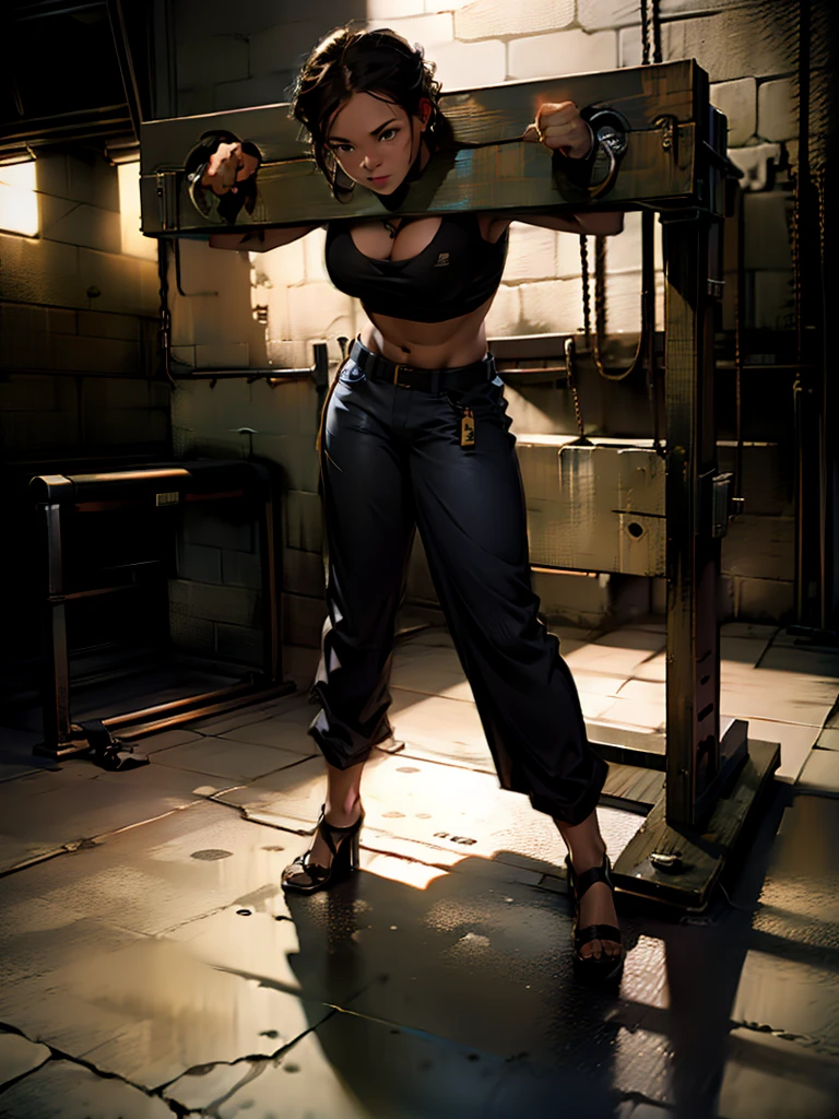 Eating, 40 year old African woman short curly hair. defined body. defined abs. wearing a black cropped tank top and military pants. He has a black eye. is trapped in a cell. hands behind the back. surrounded by soldiers. is leaning against the bars of the cell. handcuffed at the wrists. scar face. kneeling on the floor in the corner. dripping sweat. It's night. art drawing. full body image.