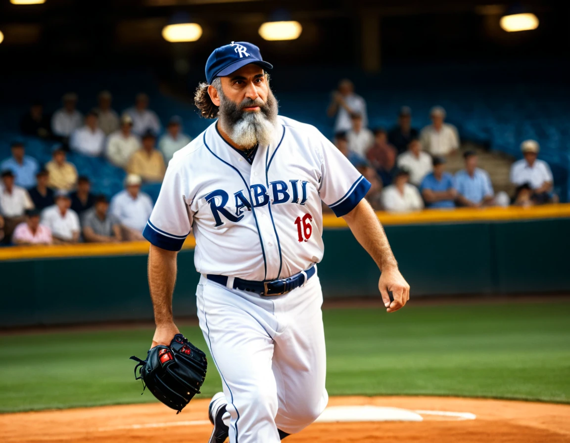 Arafed a sports capture picture of a Rabbi playing baseball, an exquisite beautiful Rabbi, full body, middle aged man, wearing a (Kippa, and Talith: 1.2), having a star of David on his uniform,   dynamic hair, dynamic style, ultra detailed face, concentrated look, determined look, best detailed face, wearing ((Rabbinic clothes: 1.3)), standing ready in a baseball match, baseball stadium nackground, full body (best details, Masterpiece, best quality), ultra wide shot, photorealistic, vibrant, Ultra-high resolution, High Contrast, (masterpiece:1.5), highest quality, Best aesthetics), best details, best quality, highres, ultra wide angle, 16k, [ultra detailed], masterpiece, best quality, (extremely detailed),