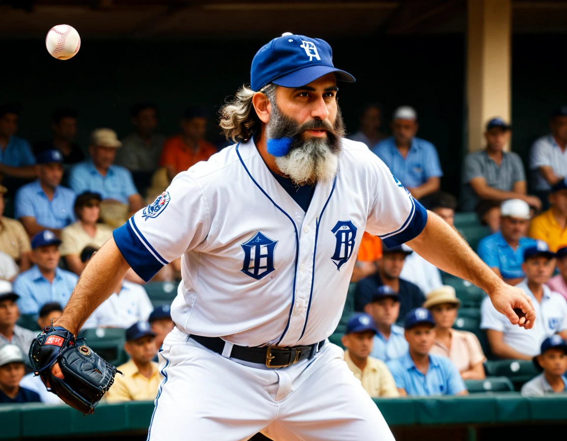 Arafed a sports capture picture of a Rabbi playing baseball, an exquisite beautiful Rabbi, full body, middle aged man, wearing a (Kippa, and Talith: 1.2), having a star of David on his uniform,   dynamic hair, dynamic style, ultra detailed face, concentrated look, determined look, best detailed face, wearing ((Rabbinic clothes: 1.3)), standing ready in a baseball match, baseball stadium nackground, full body (best details, Masterpiece, best quality), ultra wide shot, photorealistic, vibrant, Ultra-high resolution, High Contrast, (masterpiece:1.5), highest quality, Best aesthetics), best details, best quality, highres, ultra wide angle, 16k, [ultra detailed], masterpiece, best quality, (extremely detailed),