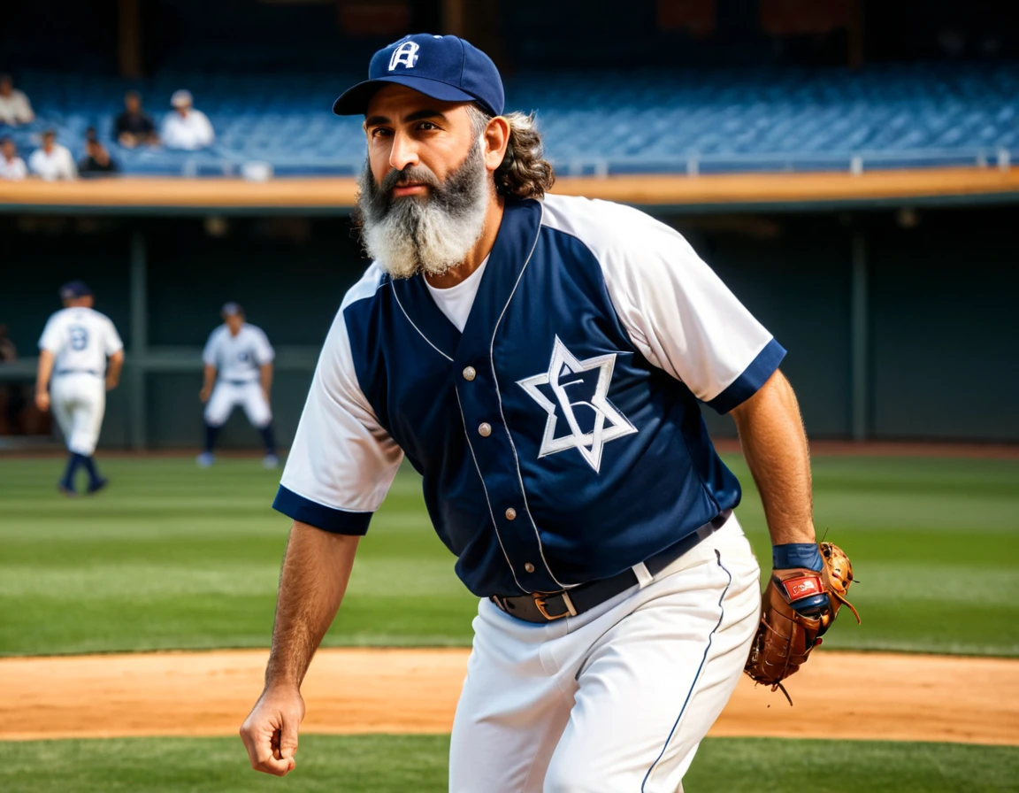 Arafed a sports capture picture of a Rabbi playing baseball, an exquisite beautiful Rabbi, full body, middle aged man, wearing a (Kippa, and Talith: 1.2), having a star of David on his uniform,   dynamic hair, dynamic style, ultra detailed face, concentrated look, determined look, best detailed face, wearing ((Rabbinic clothes: 1.3)), standing ready in a baseball match, baseball stadium nackground, full body (best details, Masterpiece, best quality), ultra wide shot, photorealistic, vibrant, Ultra-high resolution, High Contrast, (masterpiece:1.5), highest quality, Best aesthetics), best details, best quality, highres, ultra wide angle, 16k, [ultra detailed], masterpiece, best quality, (extremely detailed),