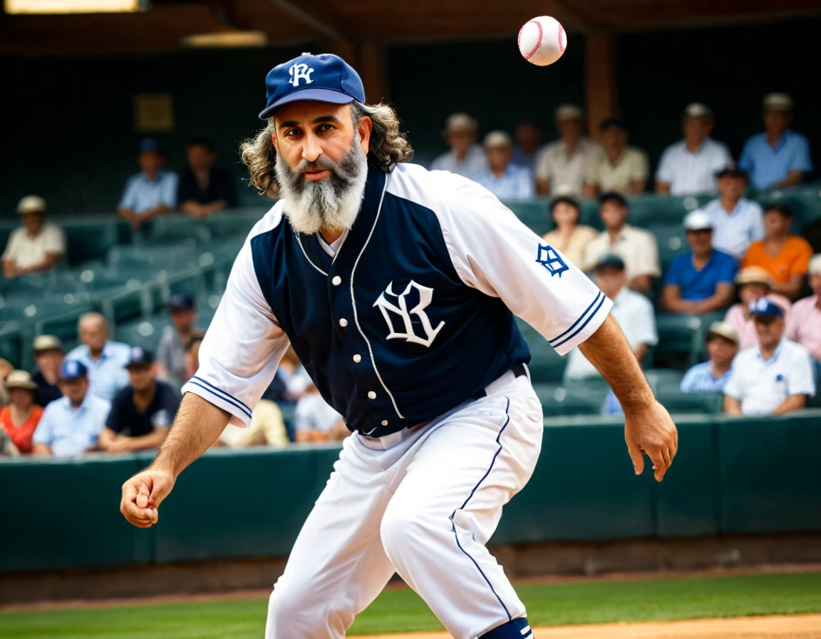 Arafed a sports capture picture of a Rabbi playing baseball, an exquisite beautiful Rabbi, full body, middle aged man, wearing a (Kippa, and Talith: 1.2), having a star of David on his uniform,   dynamic hair, dynamic style, ultra detailed face, concentrated look, determined look, best detailed face, wearing ((Rabbinic clothes: 1.3)), standing ready in a baseball match, baseball stadium nackground, full body (best details, Masterpiece, best quality), ultra wide shot, photorealistic, vibrant, Ultra-high resolution, High Contrast, (masterpiece:1.5), highest quality, Best aesthetics), best details, best quality, highres, ultra wide angle, 16k, [ultra detailed], masterpiece, best quality, (extremely detailed),