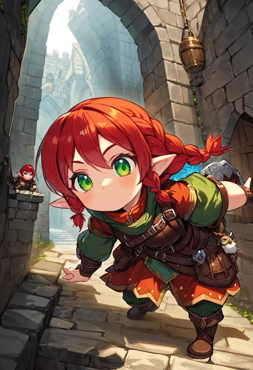 Dungeons & Dragons character, 1girl, female dwarf, long and braided red hair, green eyes, stout and short stature, adventurer garments