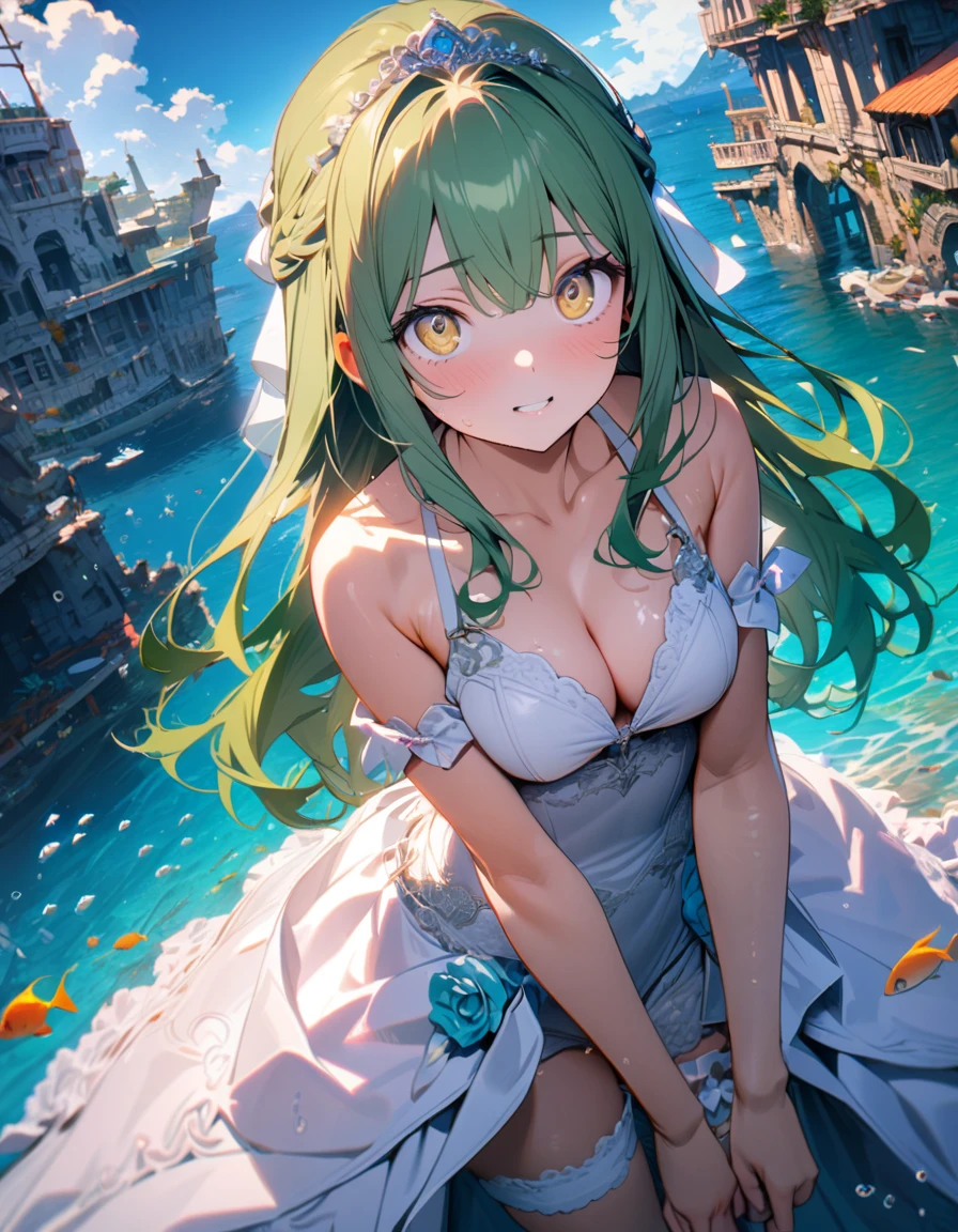 (8K, best quality, master piece: 1.2),super high resolution,1 girl,18yo,solo,ultra-detailed face,deep detailed eyes,yellow eyes,(wedding dress,bikini:1.2),Bridal garter,green hair,green hair, long hair,(Breaststroke),clear ocean, sunken ship,シネマライティング,Wide Angle,underwater city