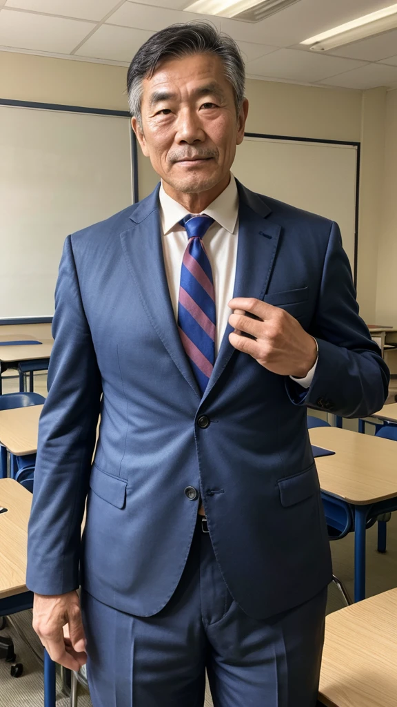 60-year-old Japanese man,He has the face of a rugby player,Standard body type, teacher,A little hairy,Wearing a suit,In the classroom