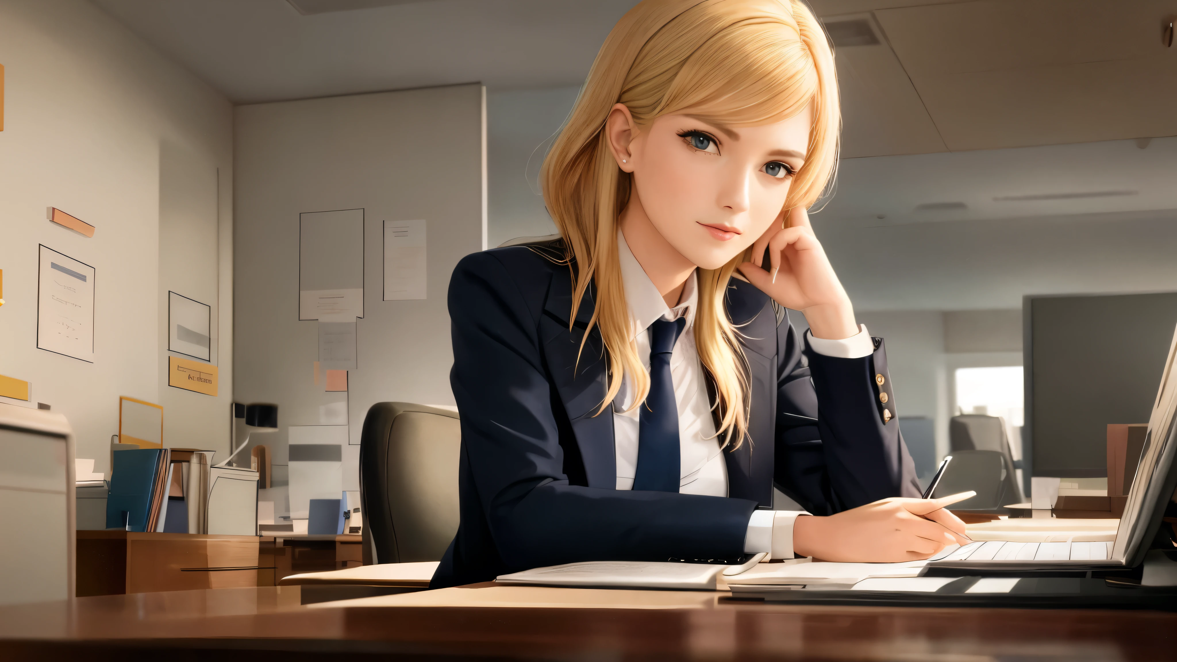 /draw blond woman sitting at desk talking on telephone with computer monitor, 1 9 8 0 s business fashion, business woman, 1 9 8 0 s woman, woman in business suit, young business woman, denis velleneuve, female in office dress, sat at her desk, female lawyer, wearing a strict business suit, serious business, working hard, portrait of kim wexler