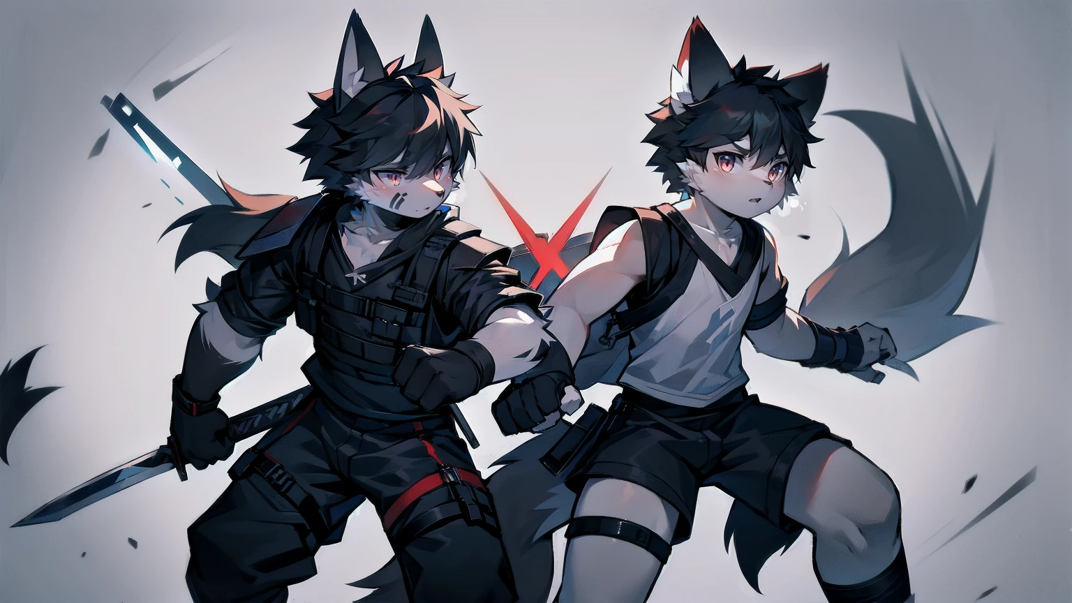 White Wolf,black hair,Red eyes,Wolf ears,Wolf Tail,juvenile,male,hairy,Hair,Half body armor,Combat uniform,Silver and black clothing,Handsome,Handsome,shorts,The forearm is exposed,leg,Fighting Stance,Duel,Two people,Anxious,Armed with a sword,Simple background,Swords