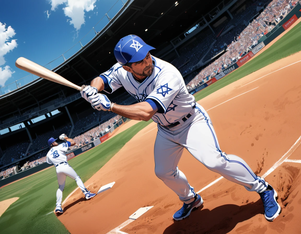 Arafed a sports capture picture of a Rabbi playing baseball, an exquisite beautiful Rabbi, full body, middle aged man, wearing a (Kippa, and Talith: 1.2), having a star of David on his uniform,   dynamic hair, dynamic style, ultra detailed face, concentrated look, determined look, best detailed face, wearing ((Rabbinic clothes: 1.3)), standing ready in a baseball match, baseball stadium nackground, full body (best details, Masterpiece, best quality), ultra wide shot, photorealistic, vibrant, Ultra-high resolution, High Contrast, (masterpiece:1.5), highest quality, Best aesthetics), best details, best quality, highres, ultra wide angle, 16k, [ultra detailed], masterpiece, best quality, (extremely detailed),