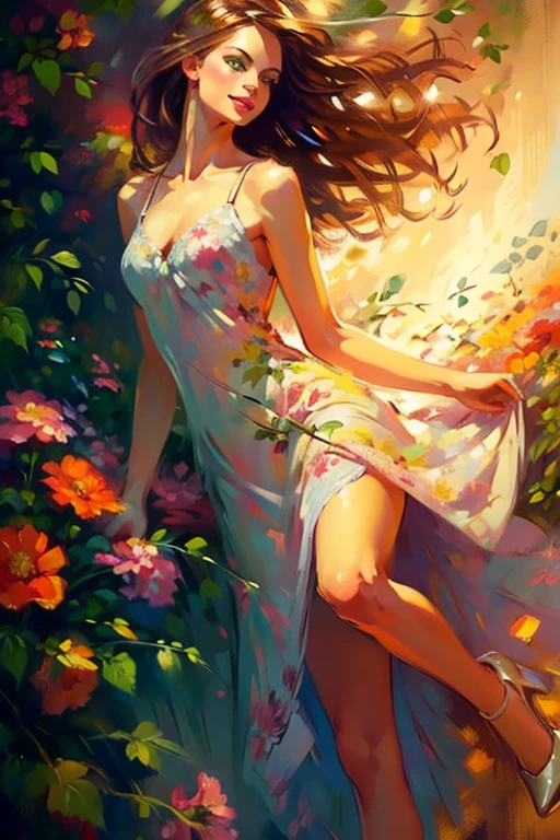(realistic illustration:1.3), A very beautiful Russian woman. 31yo, brunette, green eyes, short, perfect figure, small breasts,(smile).floral print sundress, high heels. Masterpiece, (highly detailed:1.2),(detailed face and eyes:1.2), 8k wallpaper, natural lighting. core shadows, high contrast, bokeh.(rule of thirds)