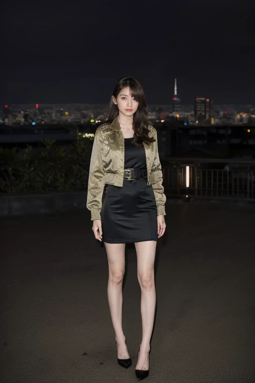 masterpiece, best quality, Tokyo night view，1 Woman，Full body portrait，Beautiful eyed girl,Detailed military uniform，open military jacket，Long slender legs，