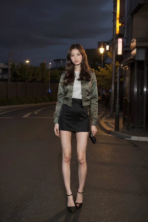 masterpiece, best quality, Tokyo night view,1 Woman,Full body portrait,Beautiful eyed girl,Detailed military uniform,open military jacket,Long slender legs,