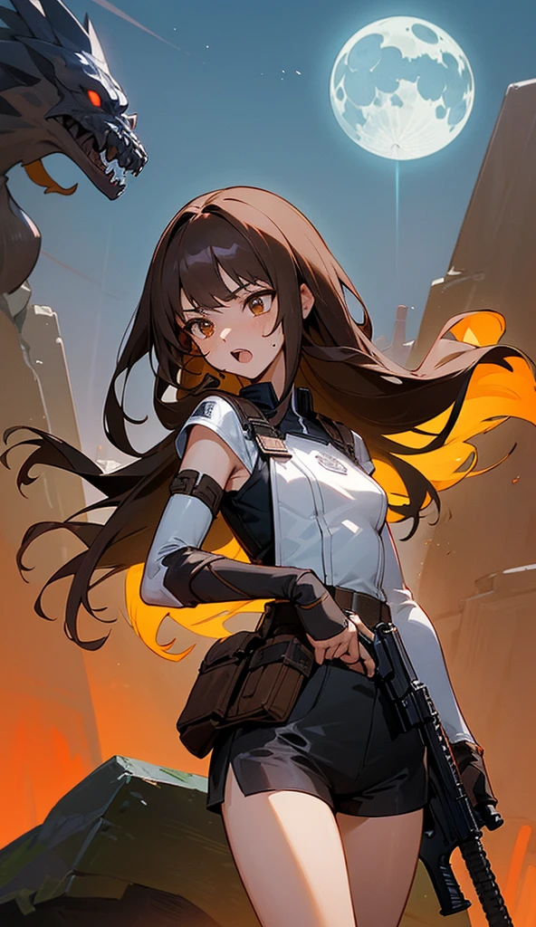 ((fine lineart)), (masterpiece,best Quality),extremely beautiful detai led anime face and eyes,cowboy shot,gal.safetensors,20-year-old、Beauty,monster hunter、solo, brown hair,long hair,brown eyes,Small open mouth、slender body,very small head、medium breasts,brown skin,gleaming skin,oily skin,shiny skin,sweat,action pose:shooting、((Attack monsters by shooting、portray the monster))、(Black combat uniform,black tactical vest、sleevelesuzzle exploded,Hold an automatic rifle with both hands、black Micromini shorts,Monsters swarming、monsters are random、fantasy,ancient ruins of central and south america、ancient stone architecture、moonlight、at night、