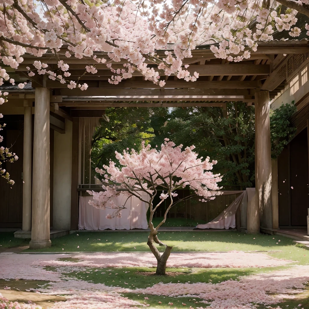 A big cherry blossom tree, pink petals falling, beautiful detailed flowers, lush foliage, soft light, vibrant colors, delicate petals, serene nature scene, calm atmosphere, romantic setting, dreamy landscape, intricate details, masterful brushstrokes, whimsical charm, delightful illustration, captivating composition, striking visual impact, refined elegance, photorealistic quality
