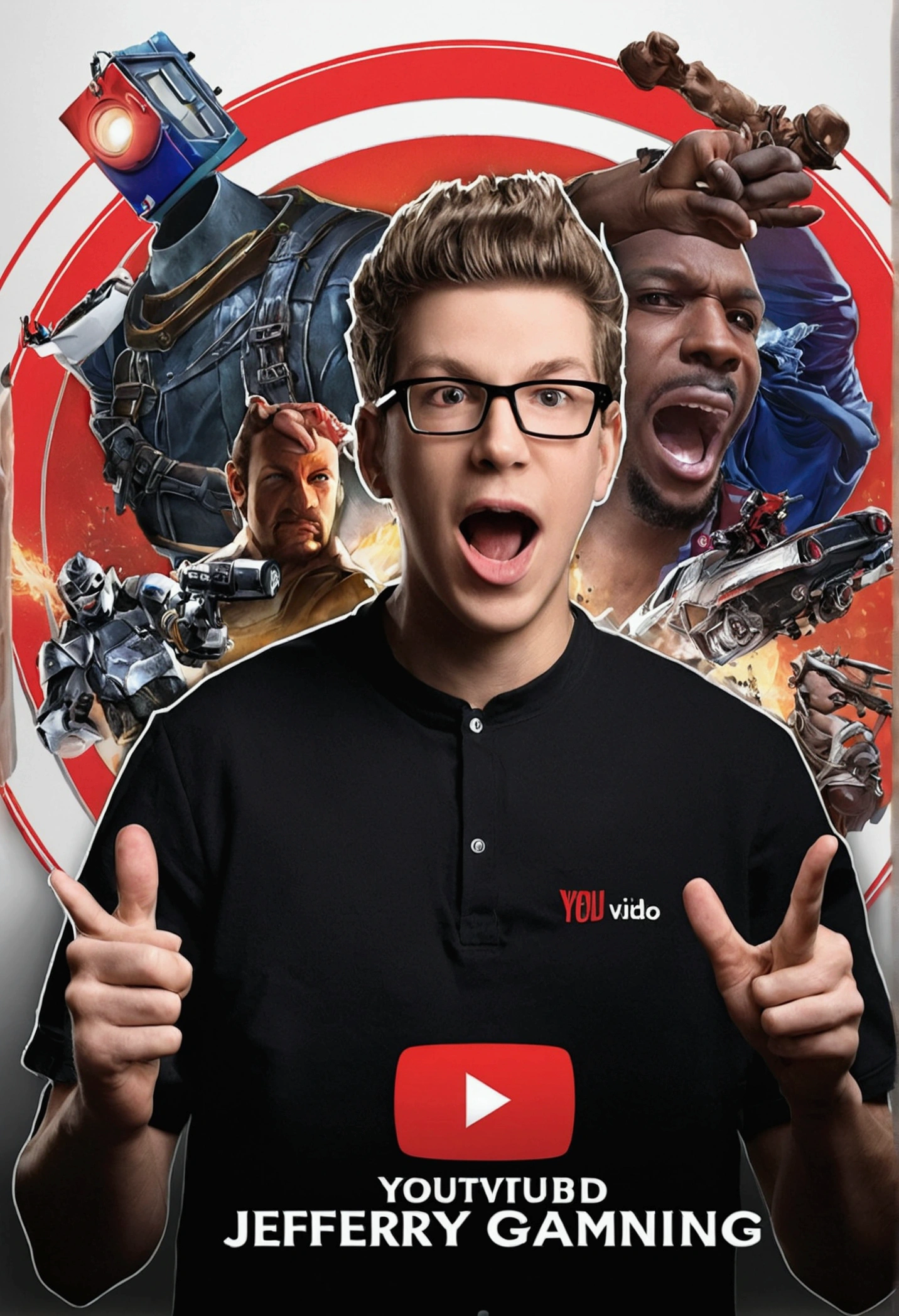 Créez une photo de couverture moderne et dynamique pour une chaîne YouTube nommée "Jeffery Gaming". Le design doit refléter l'énergie et l'excitation des jeux vidéo