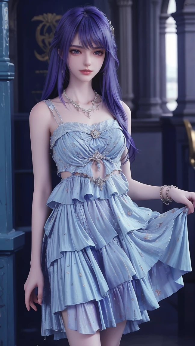 1girl, cheerful girl, purple hair, carefree and happy, smiling, laughing, The girl is wearing a beautiful dress, the girl's eyes are bright and sparkling, very beautiful, cute and sweet 