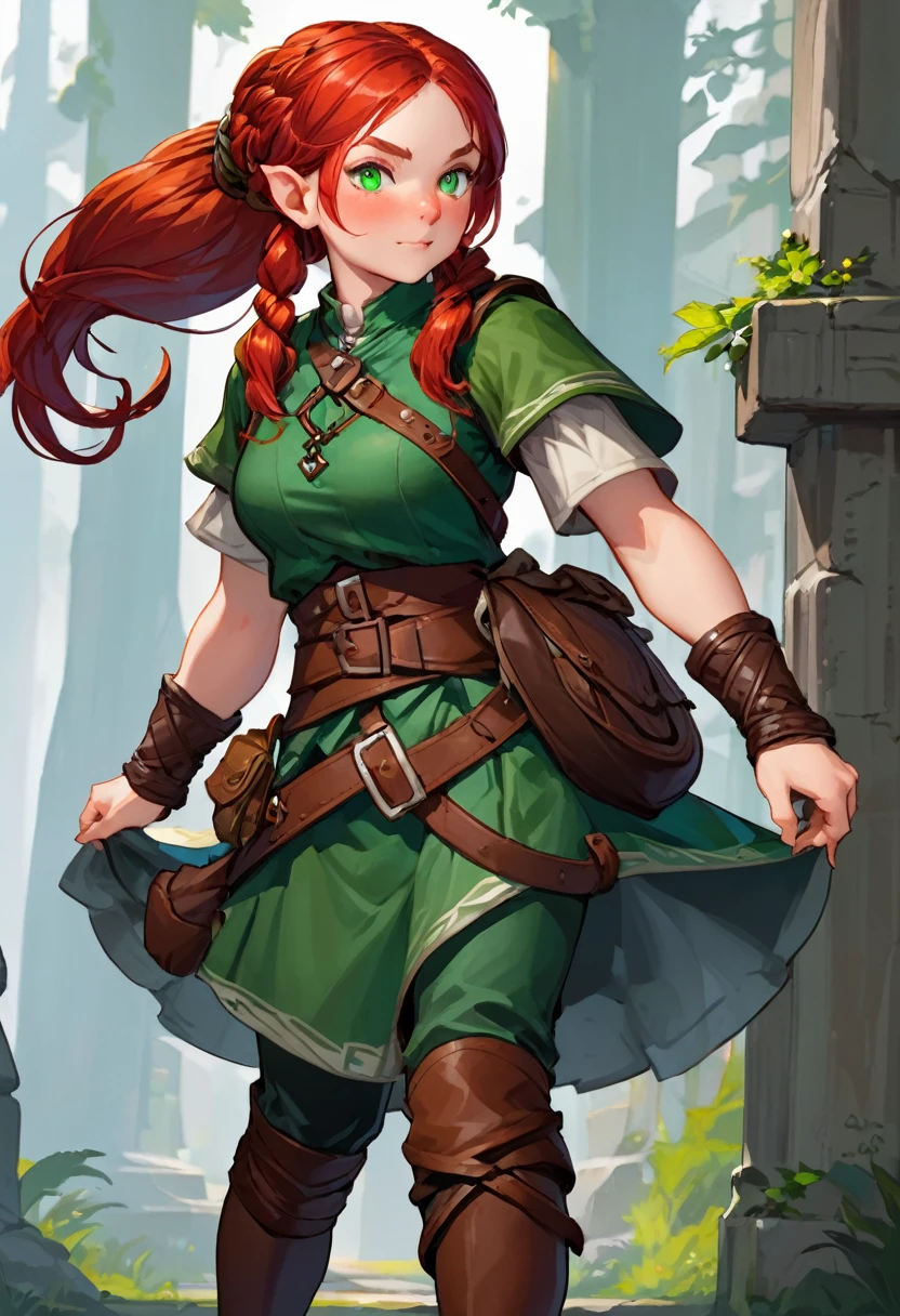 Dungeons & Dragons character, 1girl, female dwarf, long and braided red hair, green eyes, stout and short stature, adventurer garments