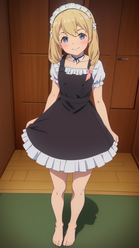 ((masterpiece))((Highest quality))girl、smile、blush、Flat Chest、Are thin、Blonde Hair、blush、Are standing、Whole body image、Even your toes are visible、Eye level to the feet、front、No background、真frontのアングル、A black maid outfit full of frills、Twin tails、Low - Angle、Fisheye Lens