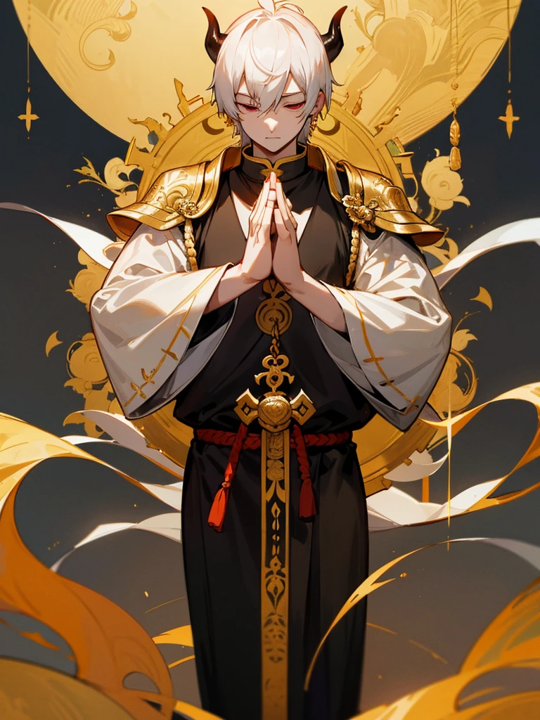 Buddha, evil eye, horn, white short hair, black armor,, man, full moon, hands together in prayer, Zen meditation golden lion 鳥居