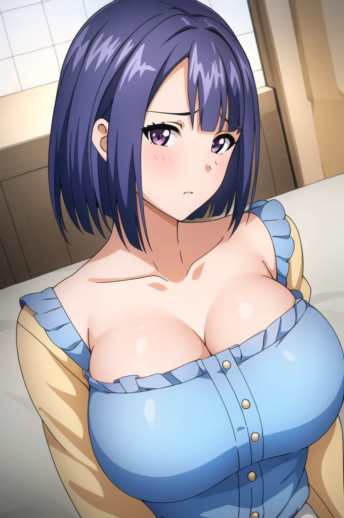 blue_hair,short_hair,purple_eyes,hair_ornament, hairclip, 
1 girl, 20yo,mature female,Beautiful Finger,Beautiful long legs,Beautiful body,Beautiful Nose,Beautiful character design, perfect eyes, perfect face,
looking at viewer, (innocent_big_eyes:1.0),(expressionless:1.3),
NSFW,official art,extremely detailed CG unity 8k wallpaper, perfect lighting,Colorful, Bright_Front_face_Lighting,
(masterpiece:1.0),(best_quality:1.0), ultra high res,4K,ultra-detailed,
photography, 8K, HDR, highres, absurdres:1.2, Kodak portra 400, film grain, bokeh:1.2, lens flare, (vibrant_color:1.2)
(Beautiful,large_Breasts:1.4), (beautiful_face:1.5),(narrow_waist), huge , big ass, cum on ass and breasts