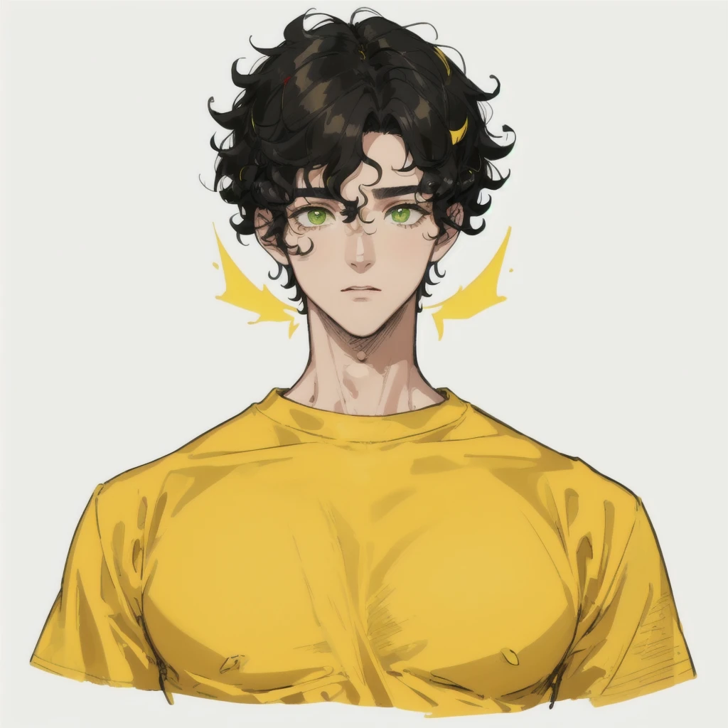 Men, Curly black hair, oversize yellow T-shirt, green eyes,