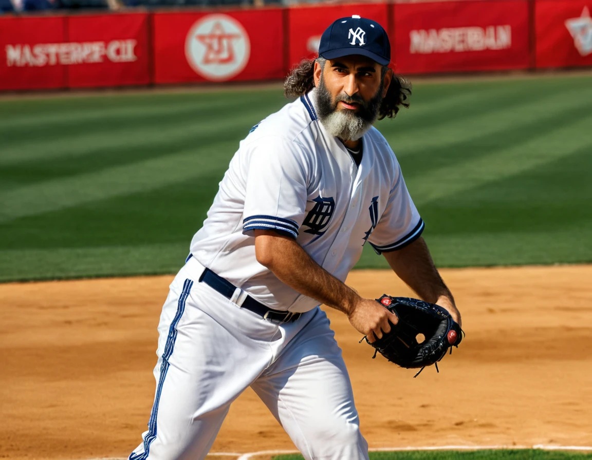 Arafed a sports capture picture of a Rabbi playing baseball, an exquisite beautiful Rabbi, full body, middle aged man, wearing a (Kippa, and Talith: 1.2), having a star of David on his uniform,   dynamic hair, dynamic style, ultra detailed face, concentrated look, determined look, best detailed face, wearing ((Rabbinic clothes: 1.3)), standing ready in a baseball match, baseball stadium nackground, full body (best details, Masterpiece, best quality), ultra wide shot, photorealistic, vibrant, Ultra-high resolution, High Contrast, (masterpiece:1.5), highest quality, Best aesthetics), best details, best quality, highres, ultra wide angle, 16k, [ultra detailed], masterpiece, best quality, (extremely detailed),