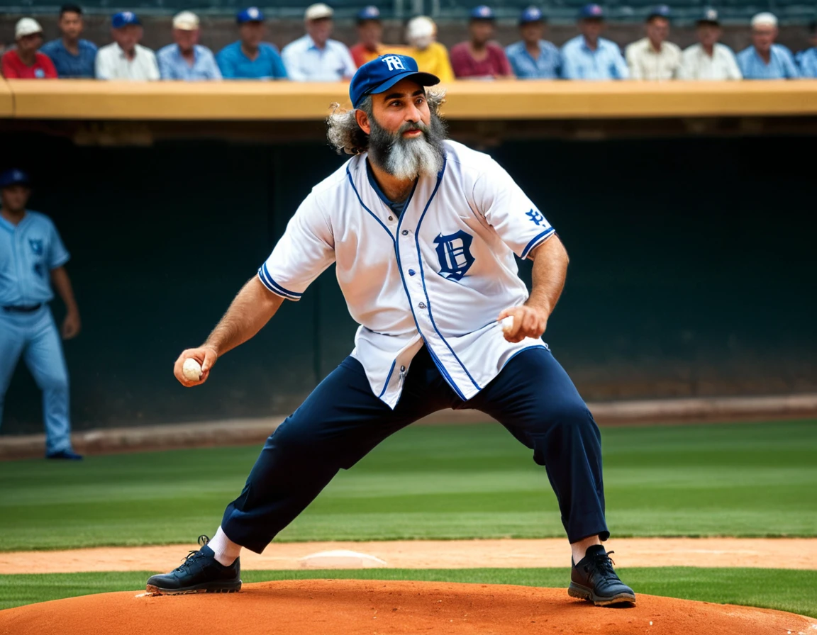 Arafed a sports capture picture of a Rabbi playing baseball, an exquisite beautiful Rabbi, full body, middle aged man, wearing a (Kippa, and Talith: 1.2), having a star of David on his uniform,   dynamic hair, dynamic style, ultra detailed face, concentrated look, determined look, best detailed face, wearing ((Rabbinic clothes: 1.3)), standing ready in a baseball match, baseball stadium nackground, full body (best details, Masterpiece, best quality), ultra wide shot, photorealistic, vibrant, Ultra-high resolution, High Contrast, (masterpiece:1.5), highest quality, Best aesthetics), best details, best quality, highres, ultra wide angle, 16k, [ultra detailed], masterpiece, best quality, (extremely detailed),