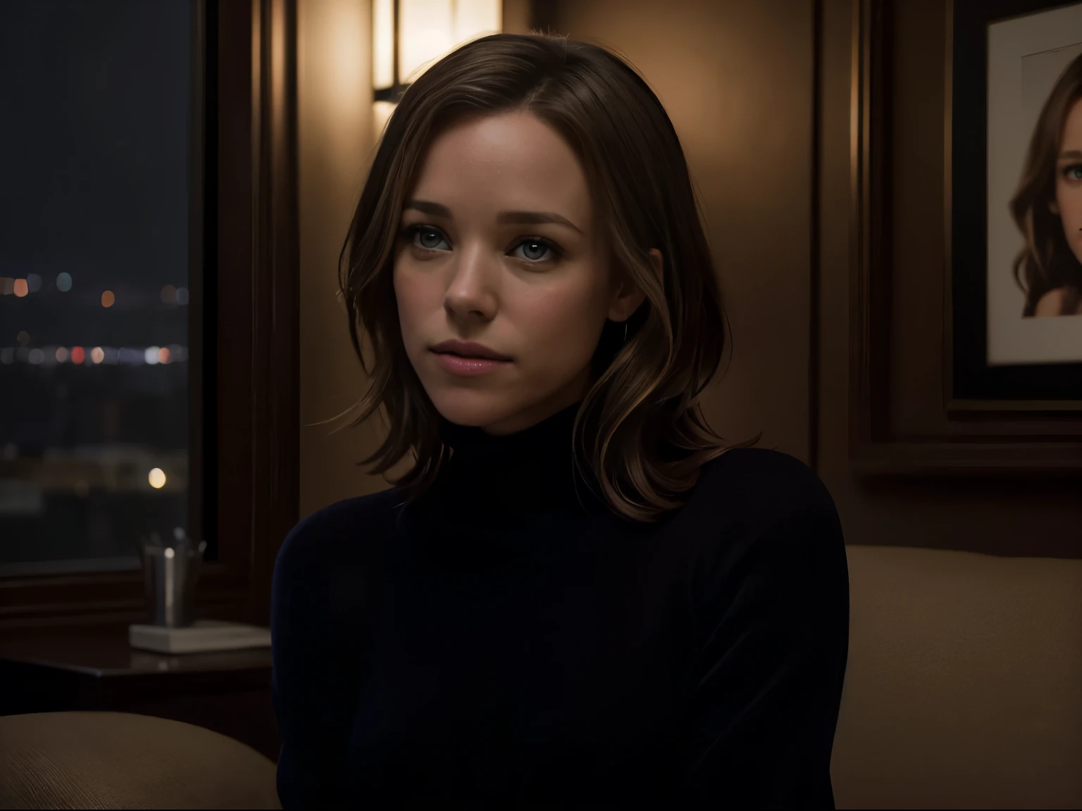 Foto hiperrealista en primer plano de Rachel McAdams, masterpiece, best quality, (photorealistic:1.4), portrait photo, black turtleneck sweater, night in living room, during the night, dark night, during night, cinematic light, beautiful woman, skinny, medium breasts, straight dark blond hair, detailed face, photo taken from a distance, age 20 years old