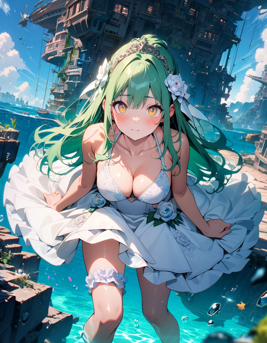 (8K, best quality, master piece: 1.2),super high resolution,1 girl,18yo,solo,ultra-detailed face,deep detailed eyes,yellow eyes,(wedding dress,bikini:1.2),Bridal garter,green hair,green hair, long hair,(Breaststroke in clear ocean),sunken ship,シネマライティング,Wide Angle,underwater city