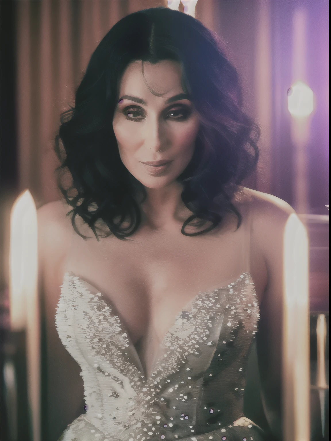  still cinematic film, full body photo of Cher, seducing gaze, dressed in golden armor ,wearing bordaGolden ((detailed facial features)), (darkness room:1.2), (cool colours), details Intricate, Shallow depth of field, [volumetric Fog], cinematic lighting, Reflections, 8K resolution 