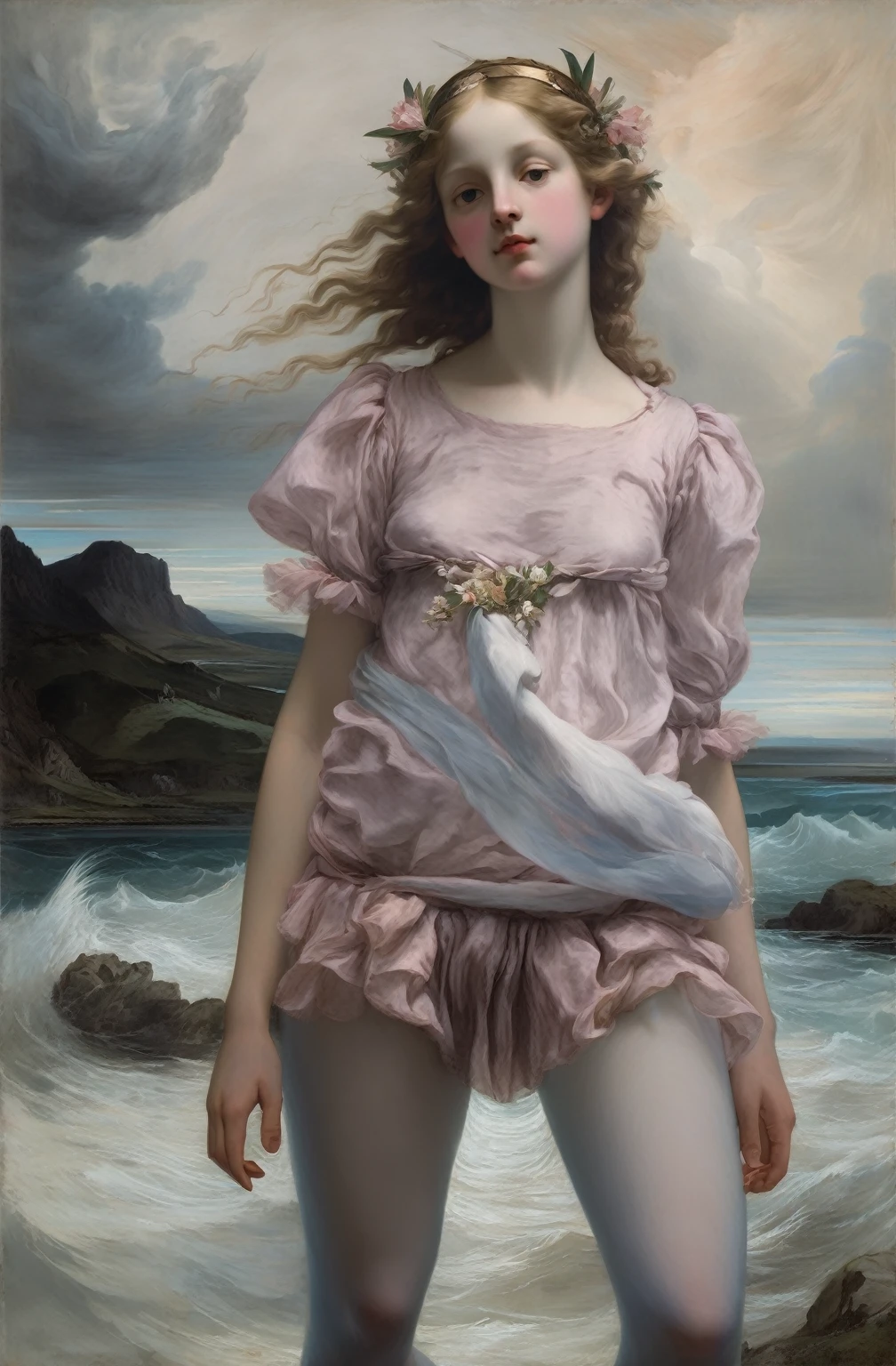 allegory, ( angel with a wreath of lilies), dark clouds, pink/gray/sepia, Renaissance, graininess, worn canvas, scuff gradient, ((Tiepolo/Fra Angelico/Titian style)),chiaroscuro, oil, acrylic, intricate, extreme detail, complex key, ((single shot)), ((best quality)), ((masterpiece)), ((Pre-Raphaelism)), 8k, impressionism: 0.2 full hd wallpaper