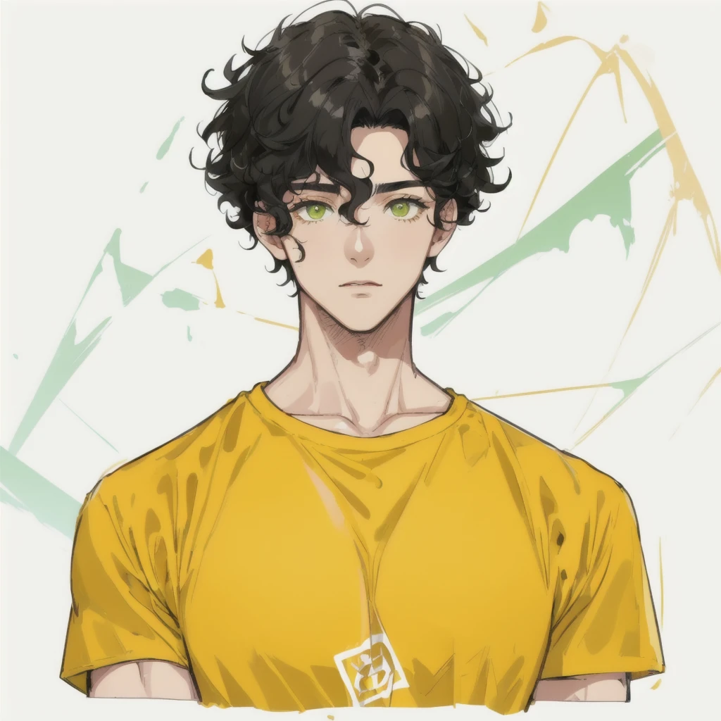 Men, Curly black hair, oversize yellow T-shirt, green eyes,