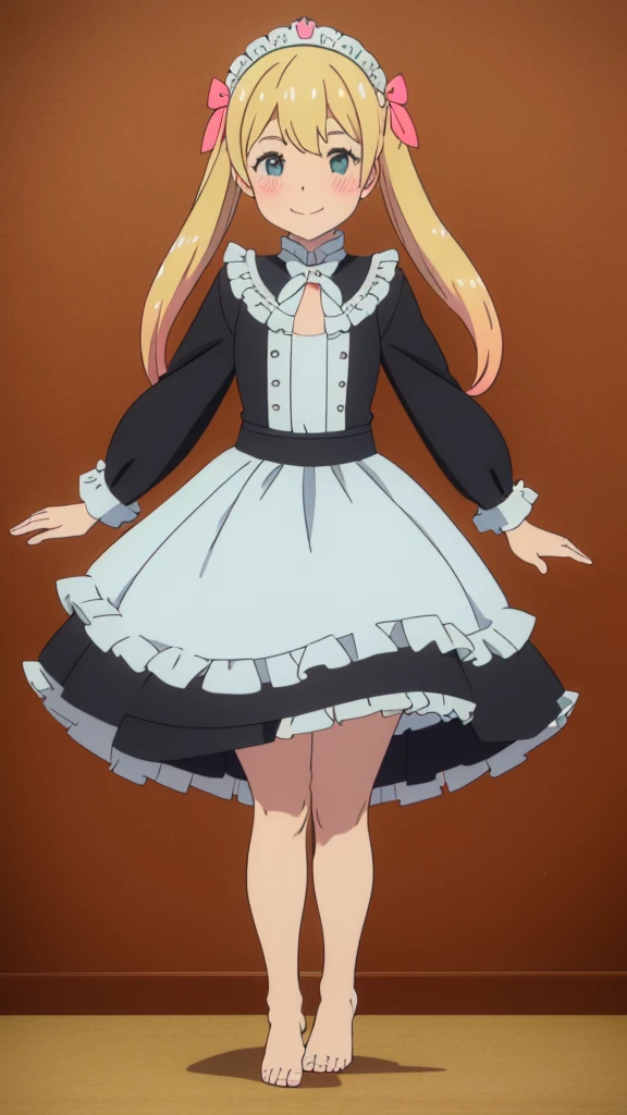 ((masterpiece))((Highest quality))girl、smile、blush、Flat Chest、Are thin、Blonde Hair、blush、Are standing、Whole body image、Even your toes are visible、Eye level to the feet、front、No background、真frontのアングル、A black maid outfit full of frills、Twin tails、Low - Angle、Fisheye Lens