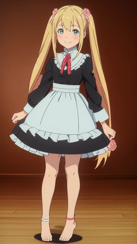 ((masterpiece))((Highest quality))girl、smile、blush、Flat Chest、Are thin、Blonde Hair、blush、Are standing、Whole body image、Even your toes are visible、Eye level to the feet、front、No background、真frontのアングル、A black maid outfit full of frills、Twin tails、Low - Angle、Fisheye Lens