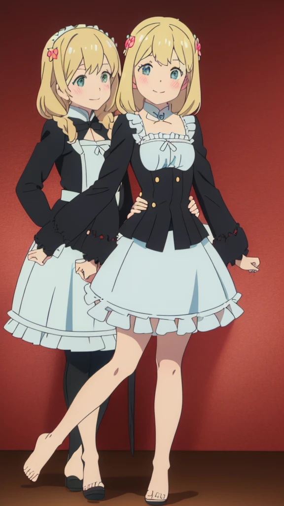 ((masterpiece))((Highest quality))girl、smile、blush、Flat Chest、Are thin、Blonde Hair、blush、Are standing、Whole body image、Even your toes are visible、Eye level to the feet、front、No background、真frontのアングル、A black maid outfit full of frills、Twin tails、Low - Angle、Fisheye Lens