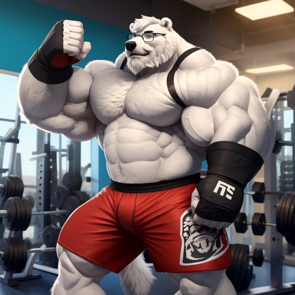 solo, 1boy, Huge Muscular White Polar Bear wearing glasses, huge white fur, pectoral, huge pectoral, wide pectoral, short white hair, MMA shorts, fingerless MMA gloves and shirtless and toppless, white bearded, white Mustache, white fur, black eyebrows, gym fitness center background, masterpiece, high detailed, 8k, high resolution, at the gym on the ring, practicing his punches 