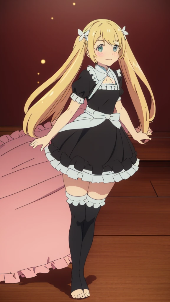 ((masterpiece))((Highest quality))girl、smile、blush、Flat Chest、Are thin、Blonde Hair、blush、Are standing、Whole body image、Even your toes are visible、Eye level to the feet、front、No background、真frontのアングル、A black maid outfit full of frills、Twin tails、Low - Angle、Fisheye Lens