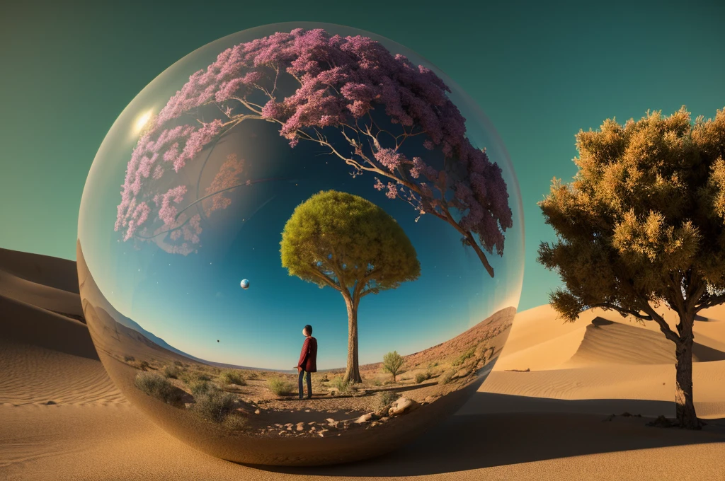 arafed image of a tree inside a glass ball on a desert landscape, tree of life inside the ball, surrealistic digital artwork, surrealism 8k, surreal digital art, surreal art, surreal 3 d render, 3d render digital art, marc adamus, surreal concept art, 3 d render beeple, stylized digital art, 4 k surrealism