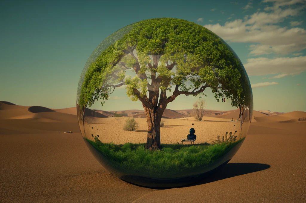arafed image of a tree inside a glass ball on a desert landscape, tree of life inside the ball, surrealistic digital artwork, surrealism 8k, surreal digital art, surreal art, surreal 3 d render, 3d render digital art, marc adamus, surreal concept art, 3 d render beeple, stylized digital art, 4 k surrealism