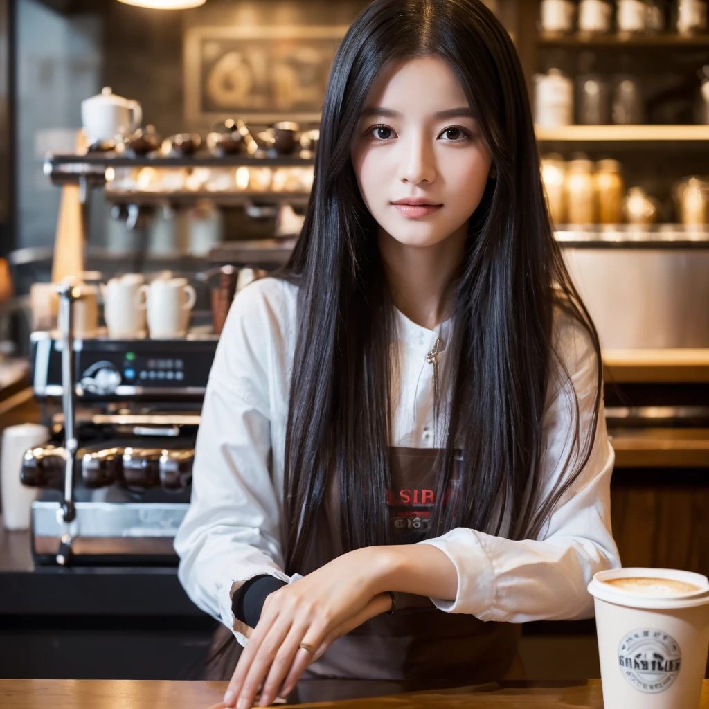 ((best qualityer, 8K, work of art: 1.3)), 1 girl, pretty, long black hair, ultra HD, realisitic, in a coffee shop