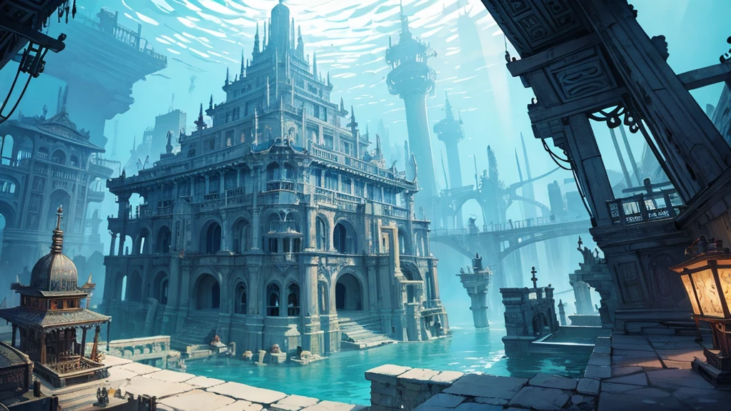 Underwater city, nostalgic, sunken city, background only, underwater temple, water city, illustration, fantastic illustration, hand-drawn