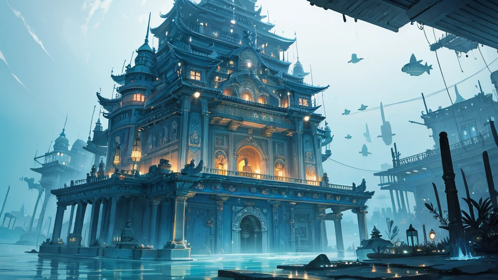 Underwater city, nostalgic, sunken city, background only, underwater temple, water city, illustration, fantastic illustration, hand-drawn