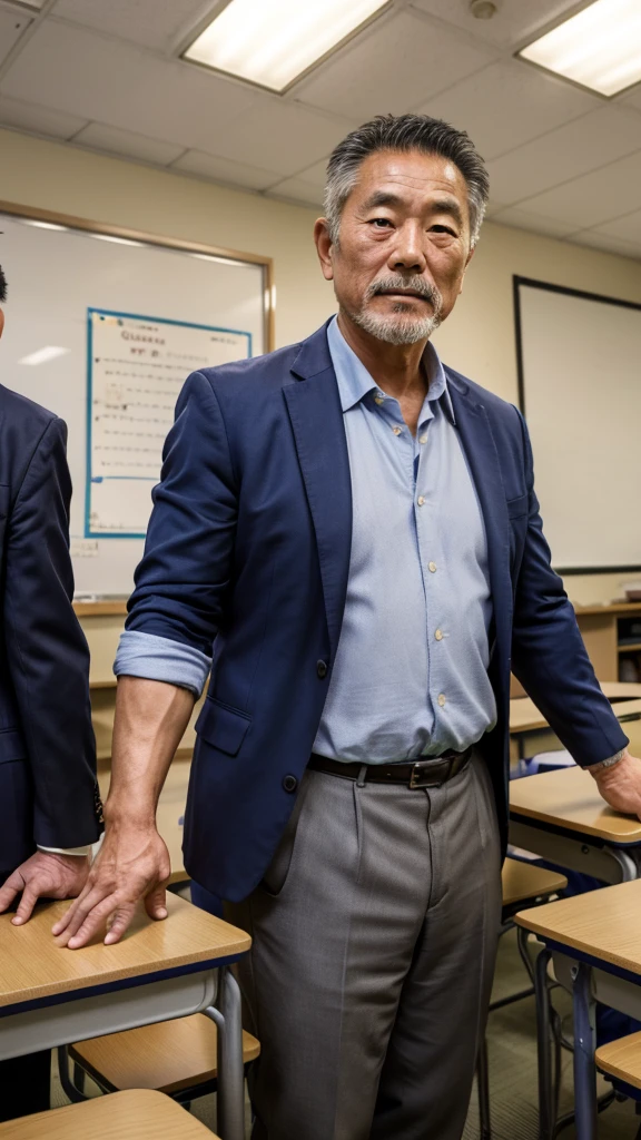 60-year-old Japanese man,He has the face of a rugby player,A sturdy build,elementary school teacher,A little hairy,Wearing a suit,In the classroom