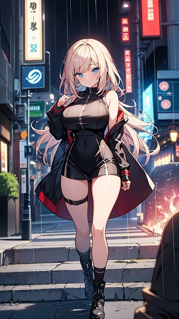One girl, 18-year-old, Mix 4, (32k, RAW Photos, Highest quality, masterpiece:1.2), (Anime-like, photoAnime-like:1.37), cute, night, rain, Humidity, Professional Lighting, Photon Mapping, Radio City, Physically Based Rendering, Super Resolution, (Big Breasts:1.2), {{A weaponized organism escapes from a laboratory and preys on girls in the city, taking on a human form.}}, The bones of a girl he had preyed on were lying at his feet., NSFW