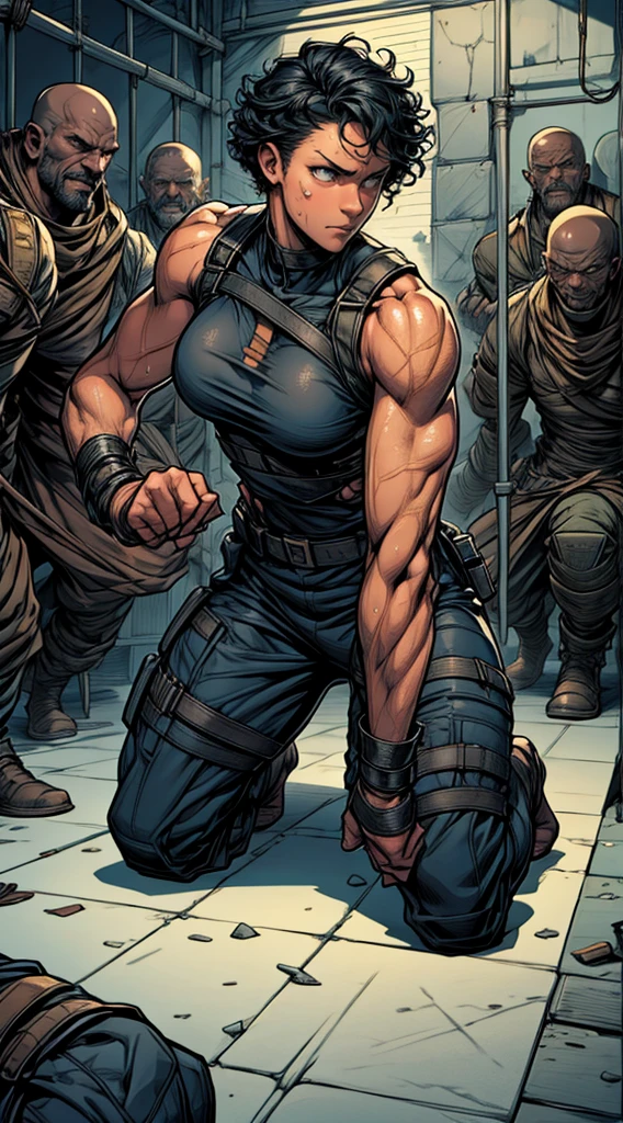 Eating, 40 year old African woman short curly hair. defined body. defined abs. wearing a black cropped tank top and military pants. He has a black eye. is trapped in a cell. hands behind the back. surrounded by soldiers. is leaning against the bars of the cell. handcuffed at the wrists. scar face. kneeling on the floor in the corner. dripping sweat. It's night. art drawing. full body image. HQ