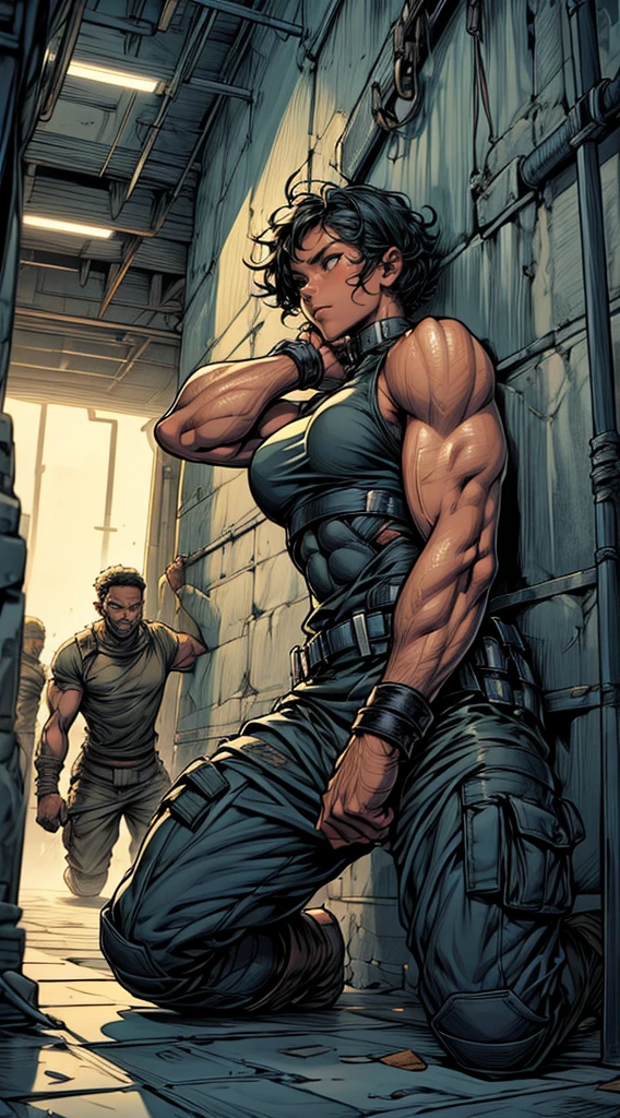 Eating, 40 year old African woman short curly hair. defined body. defined abs. wearing a black cropped tank top and military pants. He has a black eye. is trapped in a cell. hands behind the back. surrounded by soldiers. is leaning against the bars of the cell. handcuffed at the wrists. scar face. kneeling on the floor in the corner. dripping sweat. It's night. art drawing. full body image. HQ