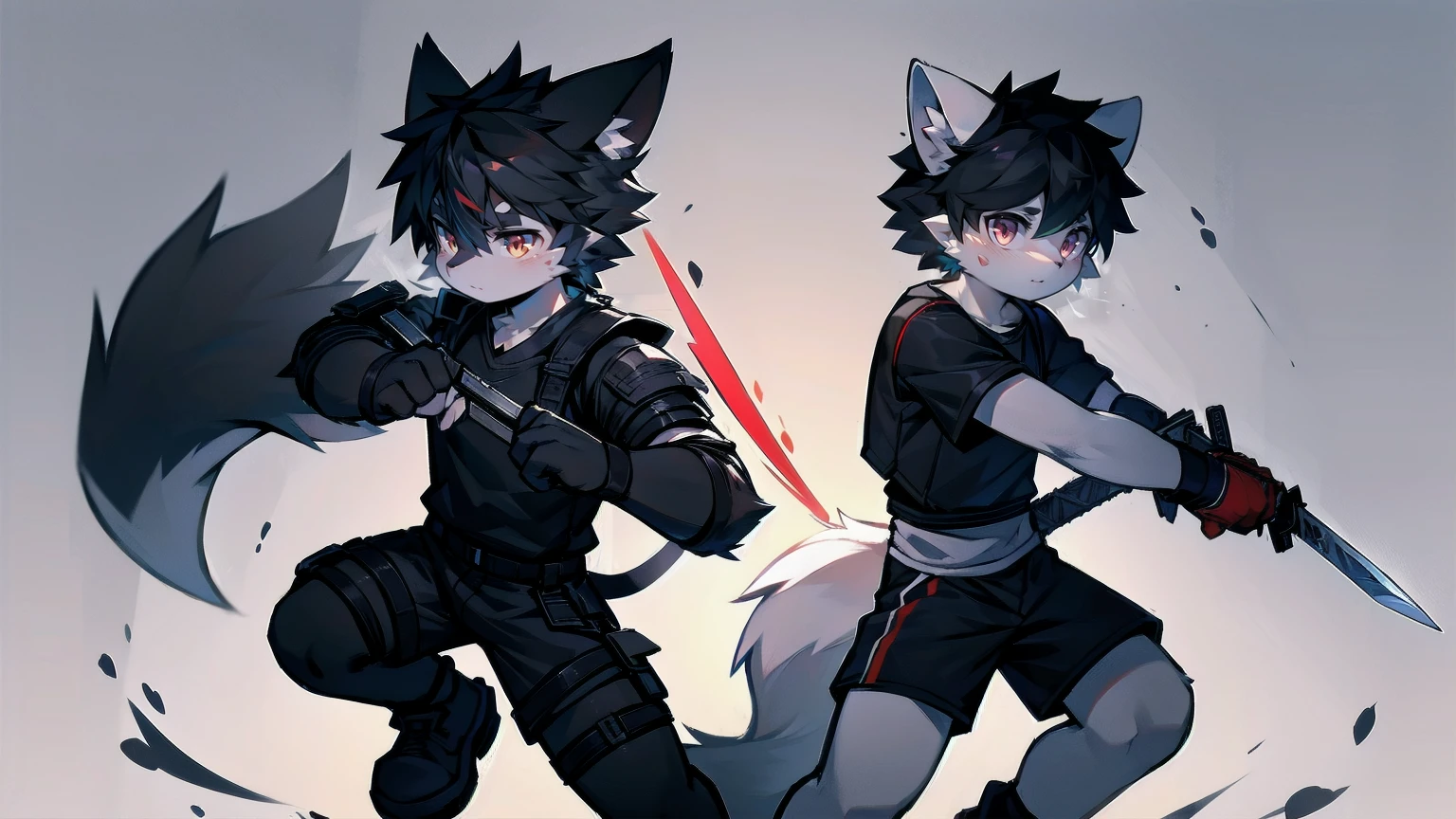 White Wolf,black hair,Red eyes,Wolf ears,Wolf Tail,juvenile,male,hairy,Hair,Half body armor,Combat uniform,Silver and black clothing,Handsome,Handsome,shorts,The forearm is exposed,leg,Fighting Stance,Duel,Two people,Anxious,Armed with a sword,Simple background,Swords