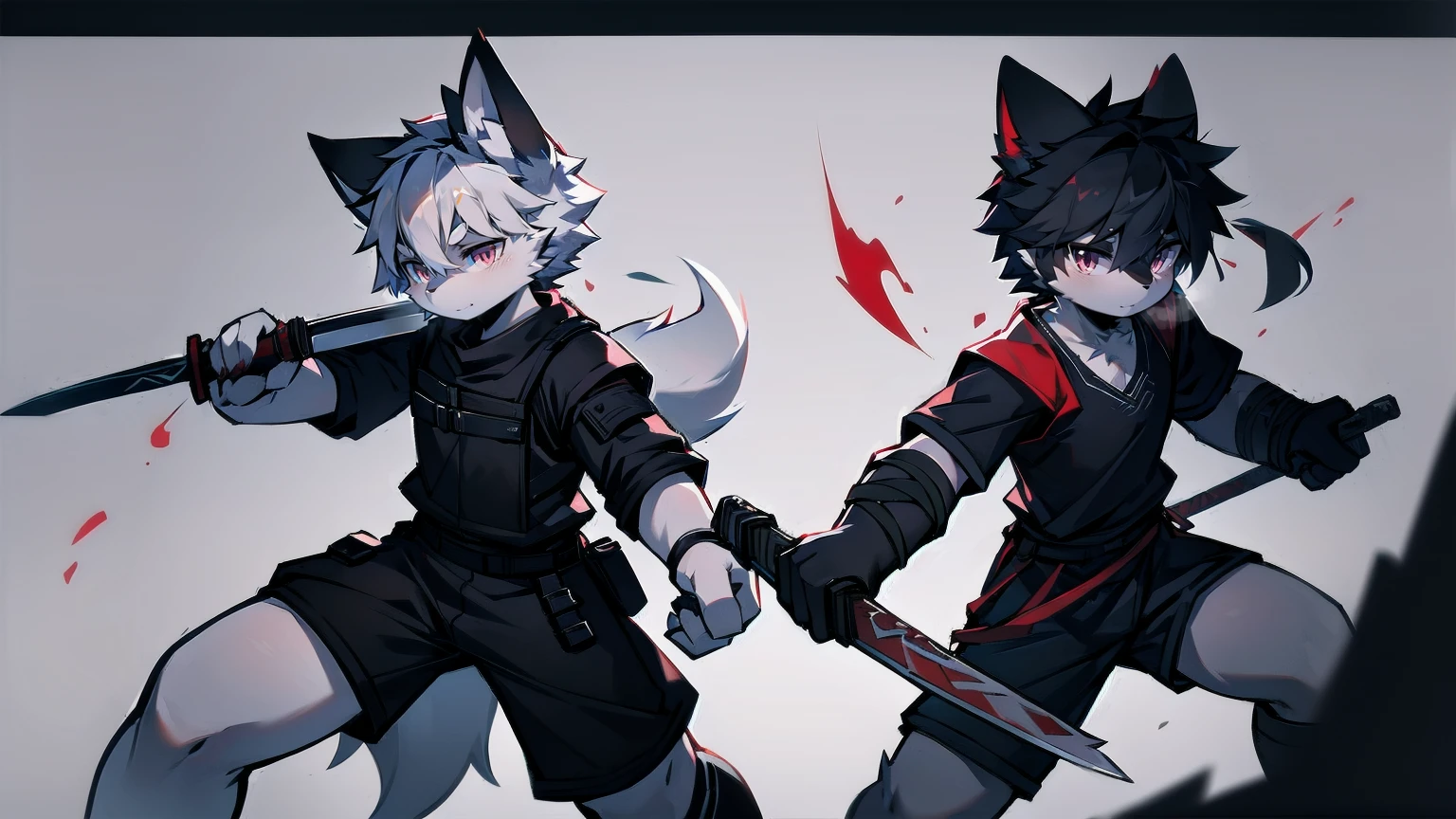 White Wolf,black hair,Red eyes,Wolf ears,Wolf Tail,juvenile,male,hairy,Hair,Half body armor,Combat uniform,Silver and black clothing,Handsome,Handsome,shorts,The forearm is exposed,leg,Fighting Stance,Duel,Two people,Anxious,Armed with a sword,Simple background,Swords