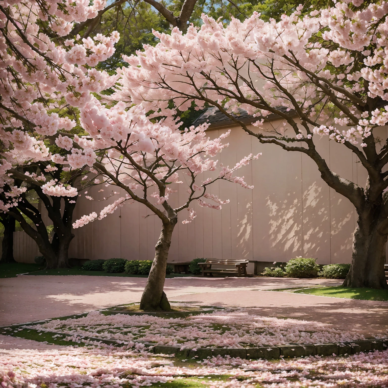 A big cherry blossom tree, pink petals falling, lush foliage, soft light, vibrant colors, delicate petals, serene nature scene, calm atmosphere, romantic setting, dreamy landscape, intricate details, masterful brushstrokes, whimsical charm, delightful illustration, captivating composition, striking visual impact, refined elegance, cartoon style quality