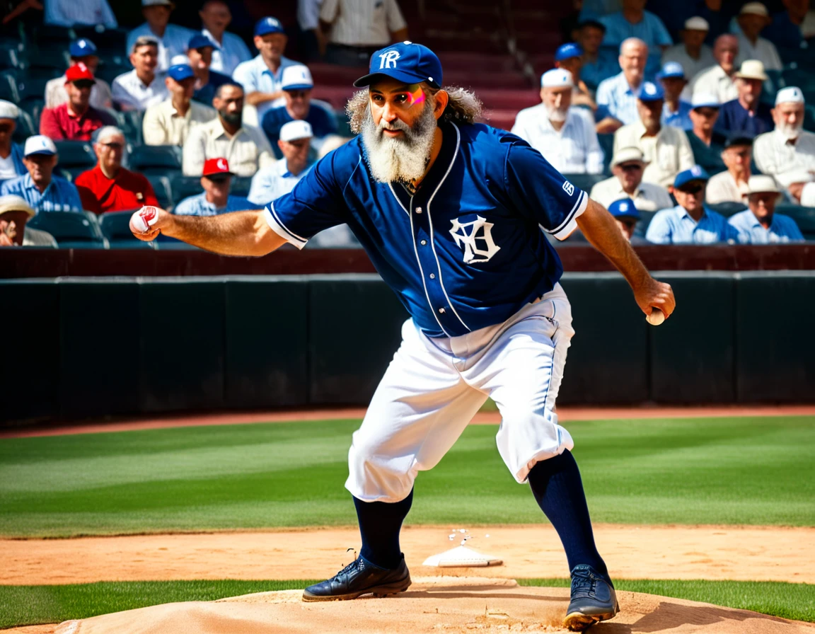 Arafed a sports capture picture of a Rabbi playing baseball, an exquisite beautiful Rabbi, full body, middle aged man, wearing a (Kippa, and Talith: 1.2), having a star of David on his uniform,   dynamic hair, dynamic style, ultra detailed face, concentrated look, determined look, best detailed face, wearing ((Rabbinic clothes: 1.3)), standing ready in a baseball match, baseball stadium nackground, full body (best details, Masterpiece, best quality), ultra wide shot, photorealistic, vibrant, Ultra-high resolution, High Contrast, (masterpiece:1.5), highest quality, Best aesthetics), best details, best quality, highres, ultra wide angle, 16k, [ultra detailed], masterpiece, best quality, (extremely detailed),
